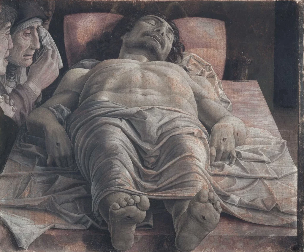 Quadro del pittore Andrea Mantegna che rappresenta Cristo morto in prospettiva