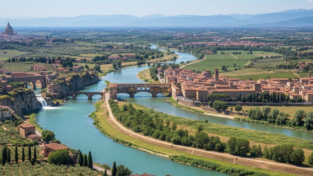 Fiume che attraversa la pianura con una città e ponti al tramonto visti dall'alto
