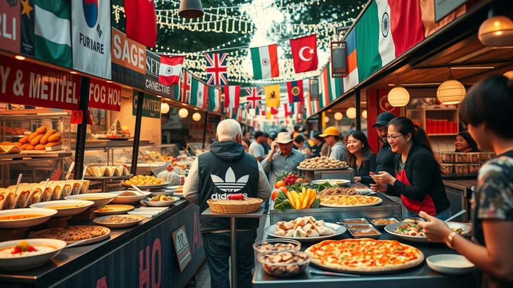Mercato gastronomico coperto con banchi di pizza, cibo e bandierine colorate