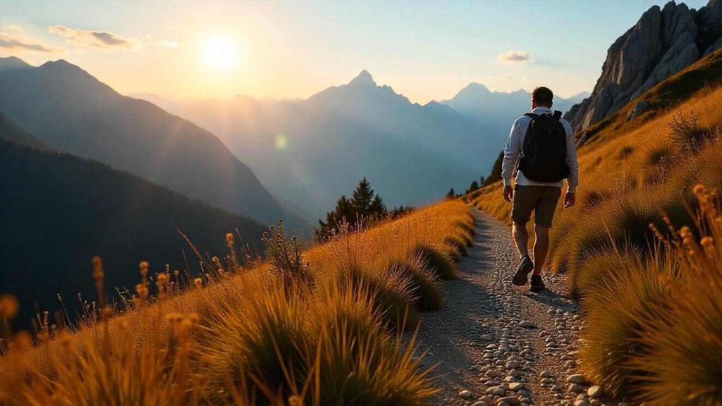 Escursionista con zaino su un sentiero di montagna al sorgere del sole