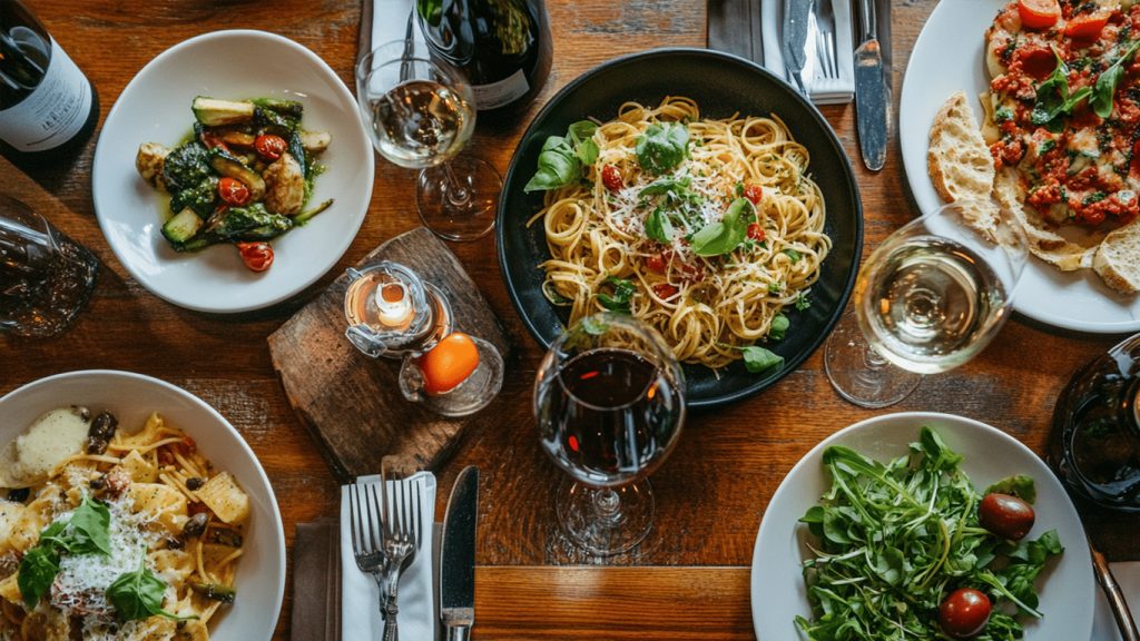Tavola vista dall'alto con piatti di pasta, insalate e calici di vino