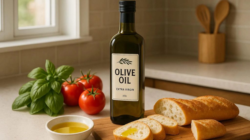 Bottiglia di olio extravergine con pane, pomodori e basilico su un piano di cucina
