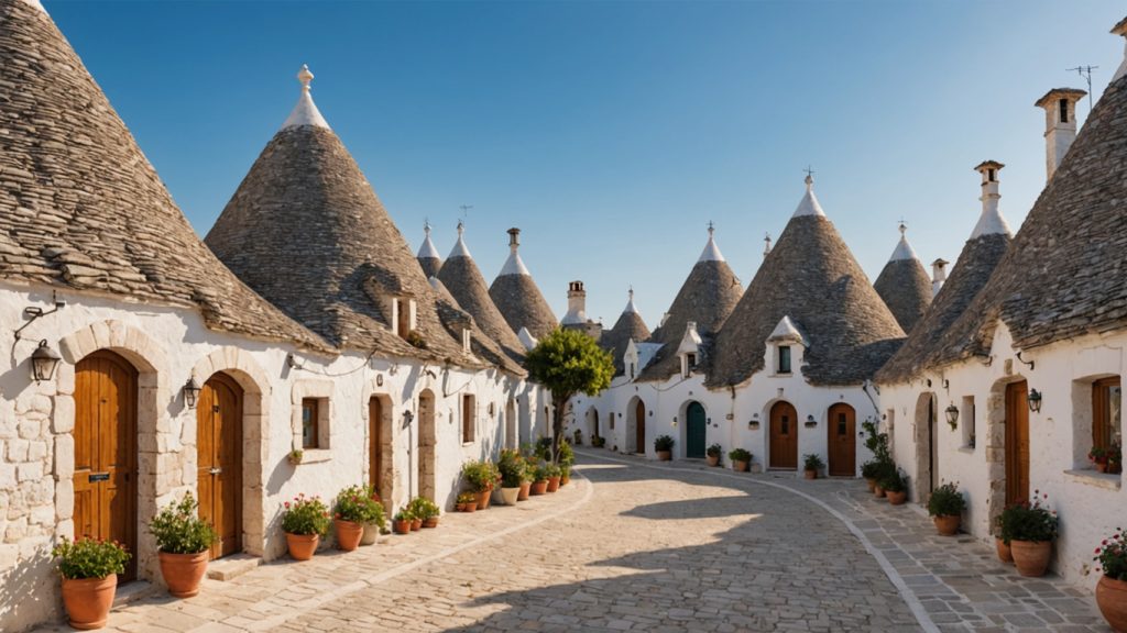 Trulli bianchi con tetti a cono lungo una strada lastricata