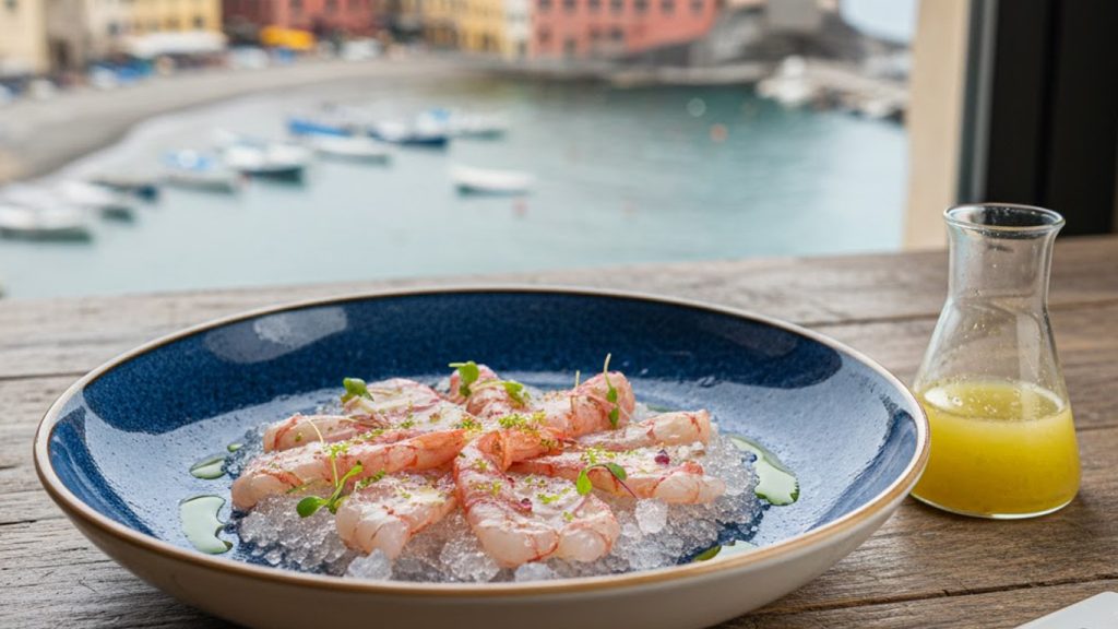 Piatto di crudo di pesce con un bicchiere di succo affacciato su un porto