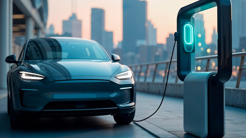 Auto elettrica in ricarica a una colonnina in un parcheggio cittadino al tramonto