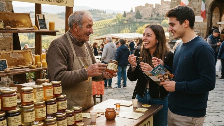 Apicoltore che mostra vasetti di miele ai visitatori nella sua bottega