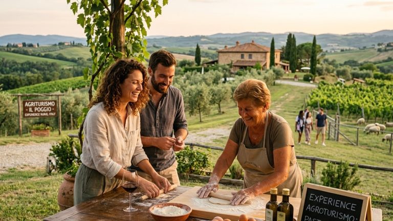 Famiglia che prepara il pane all'aperto in un'azienda agricola con vigneti