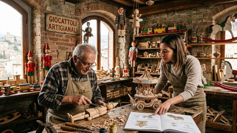 Artigiani al lavoro su giocattoli in legno in una bottega con scaffali pieni di oggetti