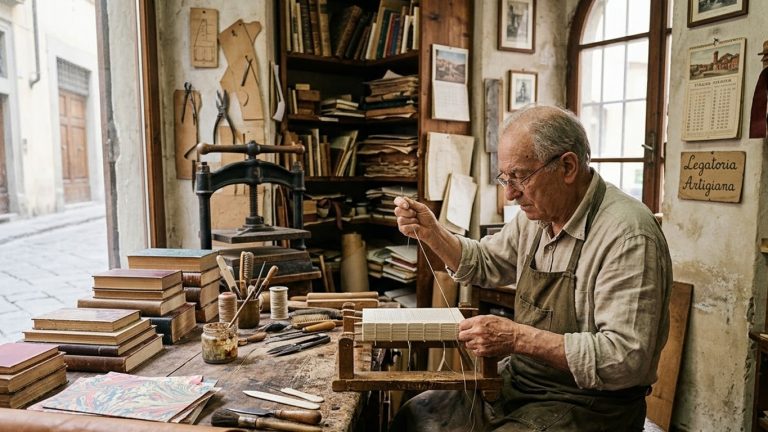 Artigiano legatore al lavoro sui libri nella sua bottega